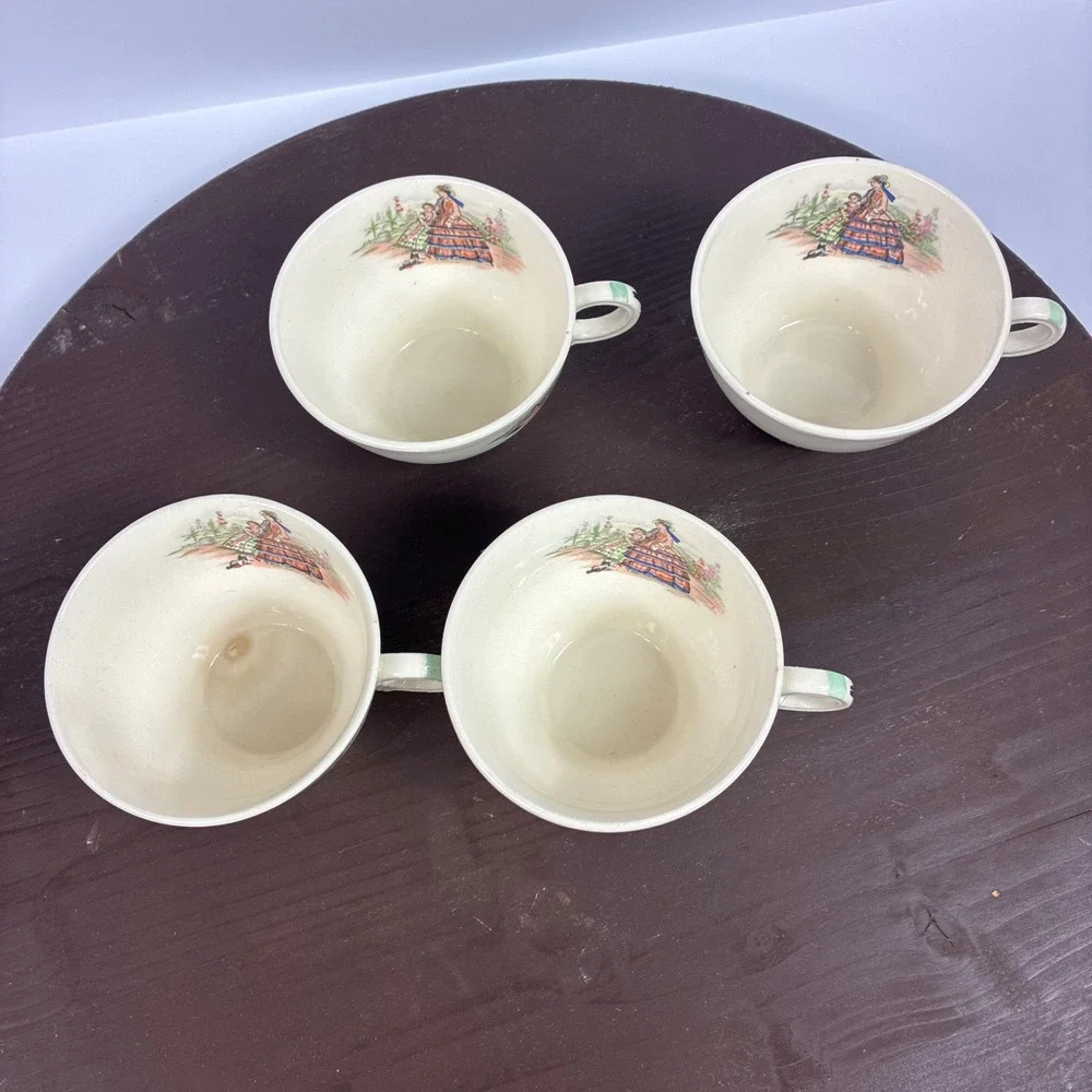 Vintage Salem China Godey Prints Demitasse Teacups Victory Ribbed Shape Set of 4